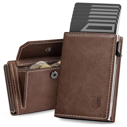 DODENSHA mag. Snap portafoglio da uomo slim wallet con scomparto per monete xl per 10+ monete, portafoglio da uomo per 10+ carte di credito, chiusura magnetica, protezione rfid (marrone argento)