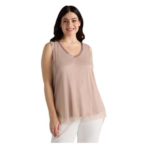 FIORELLA RUBINO: top lurex con scollo a v curvy size rosa cipria stagione primavera estate 2025. 