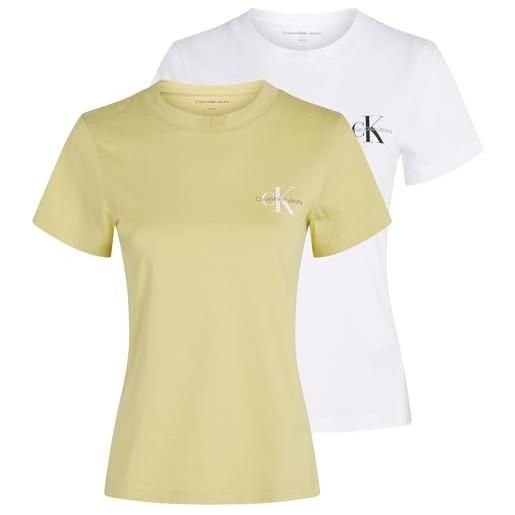 Calvin Klein donna t-shirt maniche corte confezione da 2 monologo tee slim fit, multicolore (muted lime/brilliant white), s