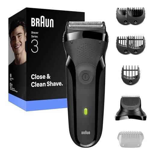 Braun rasoio elettrico serie 3, 3 lame flessibili, accessorio per regolabarba + 5 pettini, rasoio a secco da uomo, progettato in germania, 300bt, grigio
