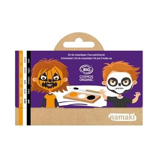 namaki tavolozza trucco halloween bambino certificato bio cosmos - zucca & scheletro, 3 colori bio, pennello & tutorial