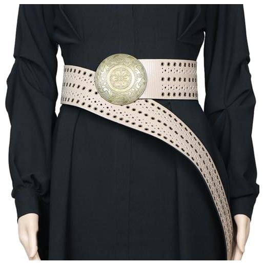 jiingekk cintura in vita per adulti con fibbia rotonda in rilievo regolabile hollow out grommet per cappotto camicia decors cinture cowboy uomini donne fibbie western big buckle, albicocca, taglia
