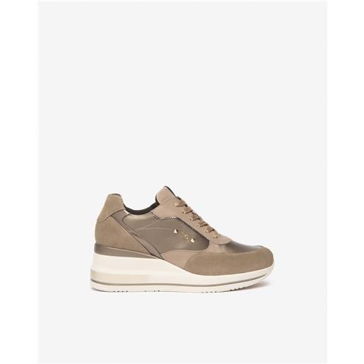 NeroGiardini sneakers donna in suede, vernice, pelle e materiale tecnico - beige
