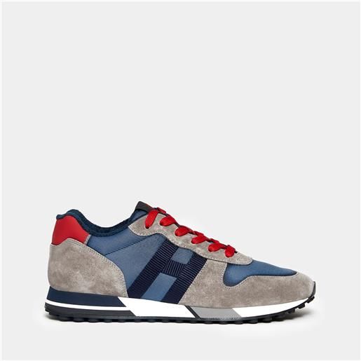Hogan sneaker h383 in suede grigio e tessuto denim