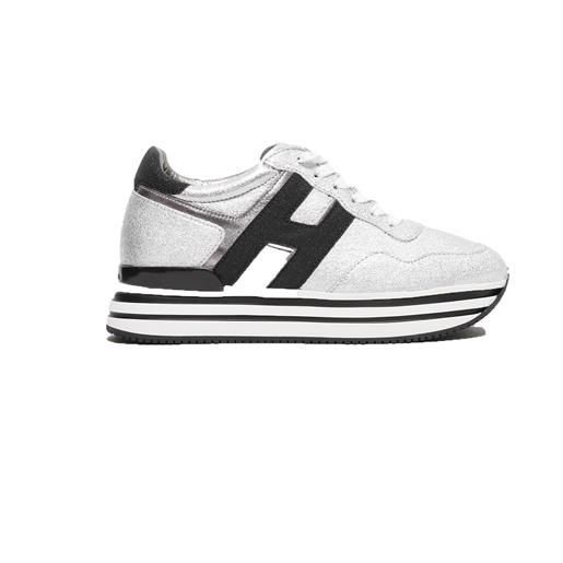 Hogan sneakers midi h222 in pelle metallizzata grigio argento