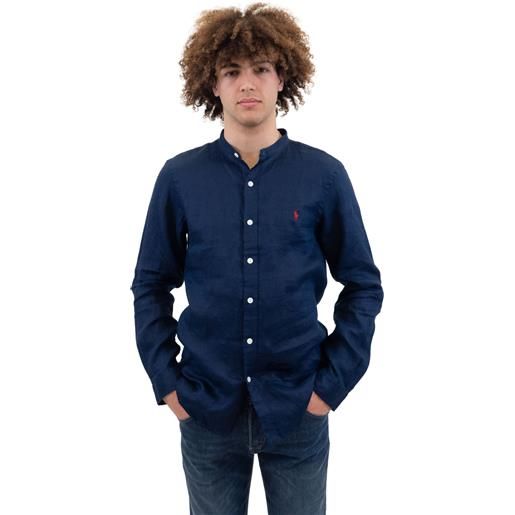 Camicia in lino collo coreana blu