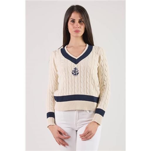 Maglia scollo a v in cotone da donna panna