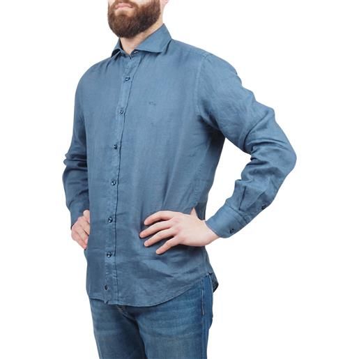 Camicia lino blu lavato collo francese