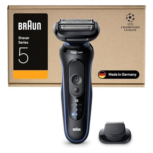 Braun serie 5 rasoio elettrico barba, wet&dry, regolabarba uomo, rasoio barba, 50 min di utilizzo, accessorio rifinitore di precisione, senza fili, 100% impermeabile, 52-b1200si, blu