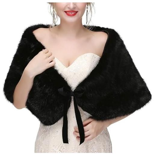 CAZSTYK eleganti pellicce finte bolero giacche per cerimonie nuziali eleganti fiocchi cravatta anteriore scialle peloso avvolgere elegante capelet stole evento formale pellicce avvolgere, nero , taglia unica