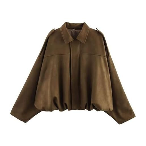 KHIRVWL giacca scamosciata donna bomber corto da donna risvolto con zip giacca moto bomber softshell in finta pelle giacche primavera inverno caldo giacche maniche lunghe moda camoscio cappotto