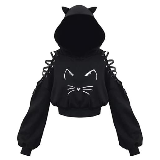 Dolpind felpa con cappuccio da donna con orecchie di gatto, a maniche lunghe, con spalle scoperte, carino, crop top con cappuccio