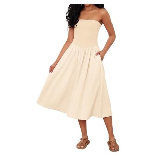 Livtany abito midi da donna con spalle scoperte senza spalline senza maniche drop-waist a line abito alla moda estivo swing patchwork dress, beige, s