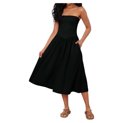 Livtany abito midi da donna con spalle scoperte senza spalline senza maniche drop-waist a line abito alla moda estivo swing patchwork dress, nero, s