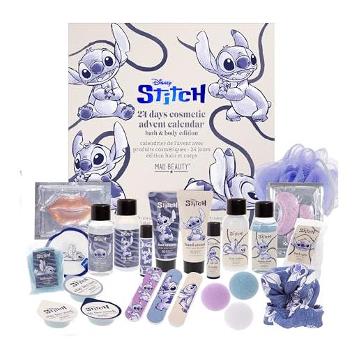 MAD Beauty - calendario dell'avvento disney stitch con 24 prodotti make-up e cosmetici calendario dell'avvento wellness per donne con maschera viso, lozione corpo, elastico per capelli. 