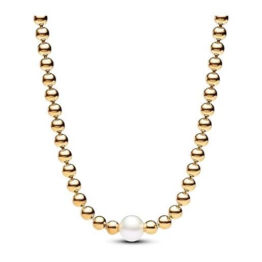 PANDORA timeless collier placcato in oro 14k con perla coltivata d'acqua dolce trattata bianca e zirconi cubici trasparenti, collana di pietre miste