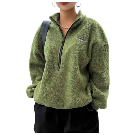 ticticlily felpa donna con zip in pile senza cappuccio scollo v con 1/2 cerniera termico casuale teddy pullover sweatshirt invernale autunnale b verde m
