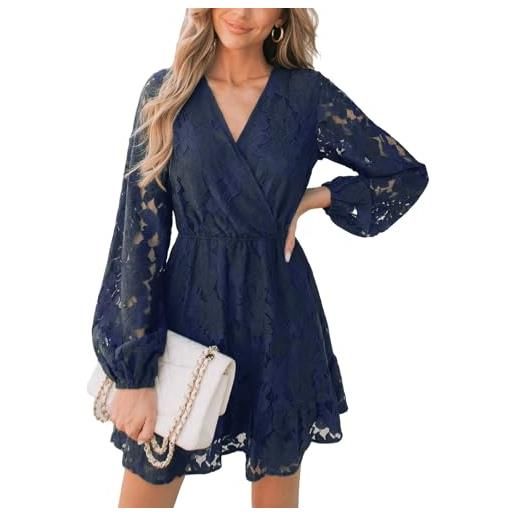 CUPSHE abito da donna casual, mini, con scollo a v, in pizzo, a maniche lunghe trasparenti, corto, per l'autunno, blu, xs