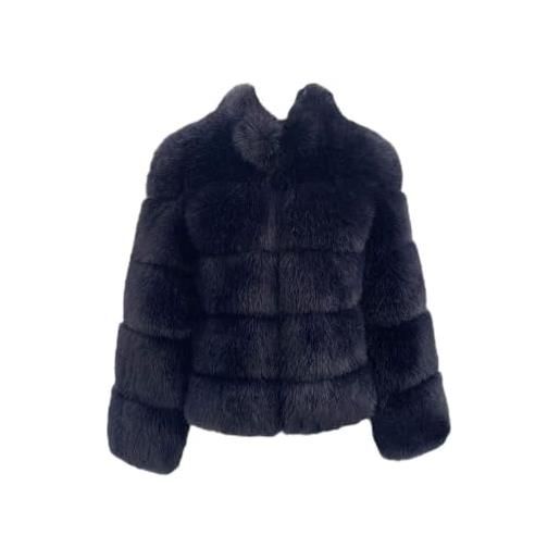 GUOCU giacca corto pelliccia sintetica donna, eleganti cappotto in finta pelliccia di volpe caldo moda faux fur cappotti a maniche lunghe spessa giubbotto parka capispalla peluche cardigan d-blu m