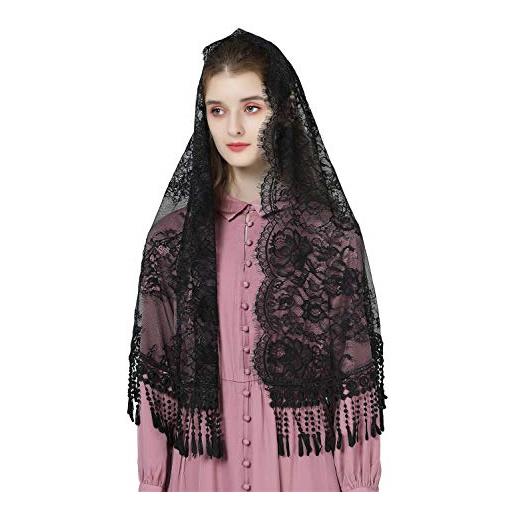 BEAUTELICATE velo di pizzo sposa chiesa mantilla con nappa sciarp copricapo foulard pizzo per messa latino cattolica champagne nero bianco (rifiniture ciglia - motivo rosa nero)