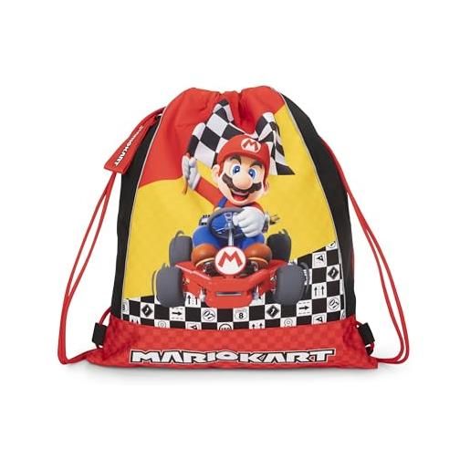 Franco Cosimo Panini mario kart - sacca coulisse ufficiale mario kart, compatta e versatile, retro in rete e tasca chiusa con zip, ideale per palestra, scuola, viaggi, portamerenda, idea regalo bambini, 34x42 cm, rosso