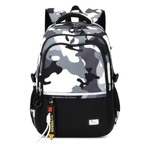 VARLIVOO zaino scuola ragazzi zainetto per adolescente zaini porta pc uomo 15,6 borsa da scuola leggero studenti casual daypack viaggio impermeabile poliestere school bag camuffamento a