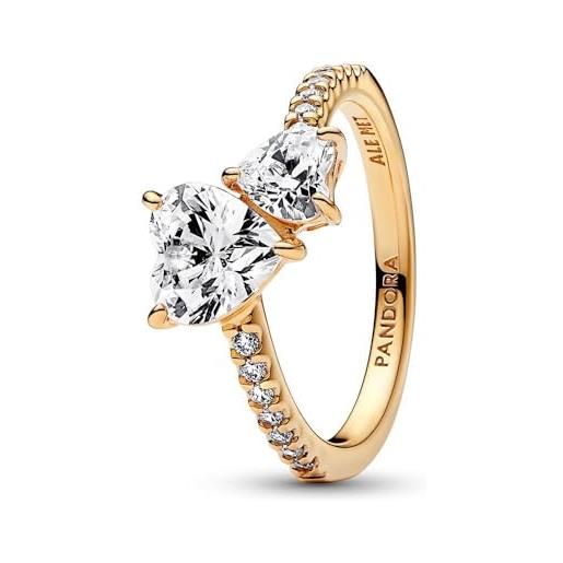 PANDORA timeless anello con doppio cuore scintillante placcato in oro 14 k con zirconia cubica trasparente, 48