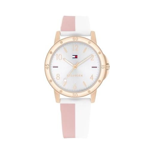 Tommy Hilfiger orologio da ragazza con quadrante argento, cinturino in silicone bianco e rosa, cassa oro rosa 32mm, movimento al quarzo a 3 lancette, resistenza all'acqua di 3 atm - 1720015