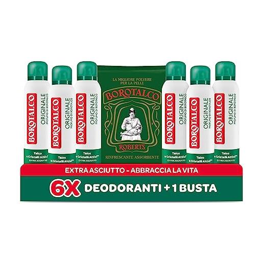 Borotalco, deodorante spray originale e talco in polvere, assorbe il sudore, senza alcool, pelle asciutta e protetta, profumo fresco e agrumato, deodorante uomo e donna - 6 flaconi da 150 ml