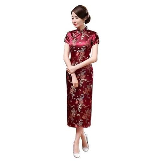 ZNLFS abito cheongsam da donna abito da sera a maniche corte vestito aderente stile retrò lungo stampato con colletto alto bodycon qipao, drago nero. , 48