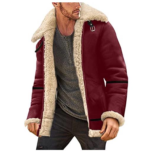 Generic - giacca da uomo vintage in pelle di pecora, invernale, calda, a manica lunga, con pelliccia sintetica, fodera in pile sherpa, imbottita, parka invernale con colletto a lapel, giacca in pelle