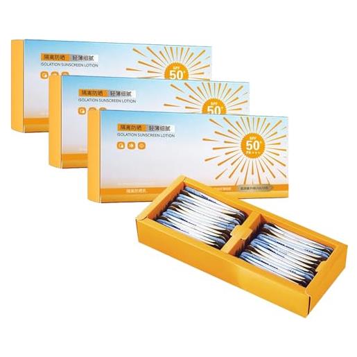 YOENBG confezione da 30 mini sunscreen da viaggio spf 50 + ultra luce, formula vegana e senza olio, crema solare impermeabile e resistente al sudore per pelli sensibili (3 scatole/90 pezzi)