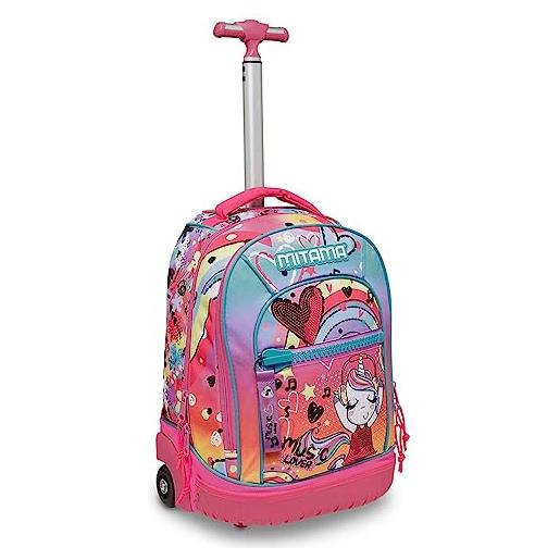 Mitama trolley scuola - run music lover, rosa- zaino doppio scomparto impermeabile - spallacci a scomparsa - fondo paraurti rinforzato