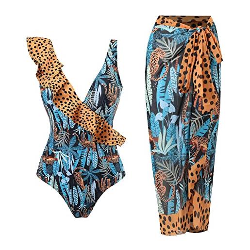 PAIDAXING costume da bagno da donna in 2 pezzi con pareo abbinato, estivo, vintage, stampa floreale, monokini con gonna lunga avvolgente boho holiday beachwear, 23-cachi, xl