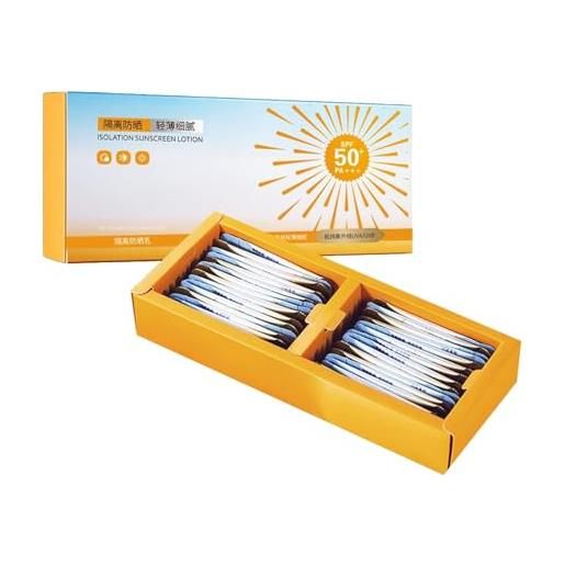 YOENBG confezione da 30 mini sunscreen da viaggio spf 50 + ultra luce, formula vegana e senza olio, crema solare impermeabile e resistente al sudore per pelli sensibili (1 scatola/30 pezzi)
