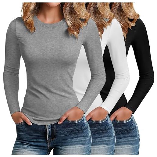 Riyiper confezione da 3 magliette a maniche lunghe da donna in cotone con scollo rotondo casual elasticizzate aderenti basic(nero, bianco, grigio chiaro, s)