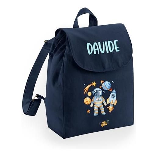 Caribu design zainetto bambino bambina 100% cotone organico personalizzato con nome - zaino piccolo da bimbo - cartella personalizzabile per scuola asilo materna sport gite viaggi 22x30x12 cm (blu)