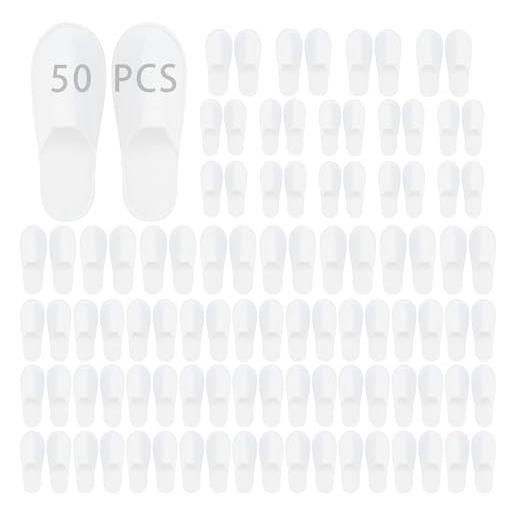 Hapivida 50 paia di pantofole hotel, 3mm bianche pantofole hotel ospite, pantofole monouso portatili, pantofole spa a punta chiusa, bianco, 38-42 eu, peluche