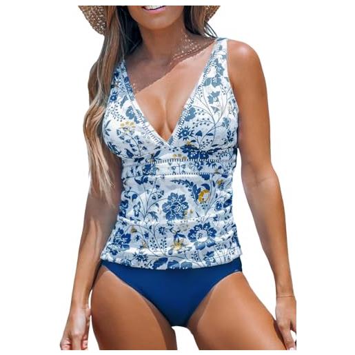 CUPSHE tankini da donna set due pezzi costumi da bagno vita media scollo a v cinghie regolabili gancio posteriore ritaglio sfacciato, blu/floreale, m