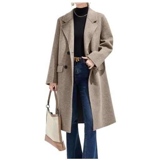 LIEROLYE cappotto invernale da donna doppiopetto in lana, midi trench con notch lapel per ufficio e casual a maniche lunghe(light coffee, m)