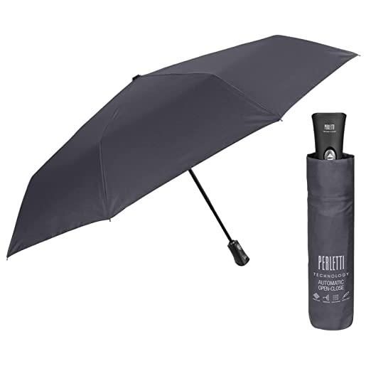 PERLETTI ombrello pieghevole uomo antivento - portatile grande e compatto - tinta unita leggero in fibra di vetro - apri e chiudi automatico - pfc free -diametro 104 cm technology (grigio)