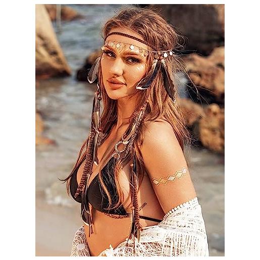 Runmi fascia per capelli in stile bohémien, con piume, accessorio per donne e ragazze