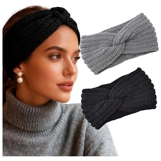Fashband - fasce per capelli invernali in maglia, adatte come scaldaorecchie, nere e grigie, elastiche, ritorte, grosse, per donne e ragazze (confezione da 2)