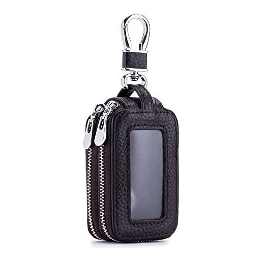 PORRASSO astuccio portachiavi vera pelle auto del sacchetto portachiavi doppia cerniera portatile raccoglitore chiave car key case per uomo donna marrone
