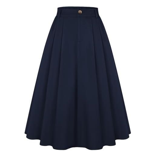 Belle Poque gonne a pieghe vintage da donna, elasticizzate, a vita alta, linea ad a, con tasche, blu navy, s