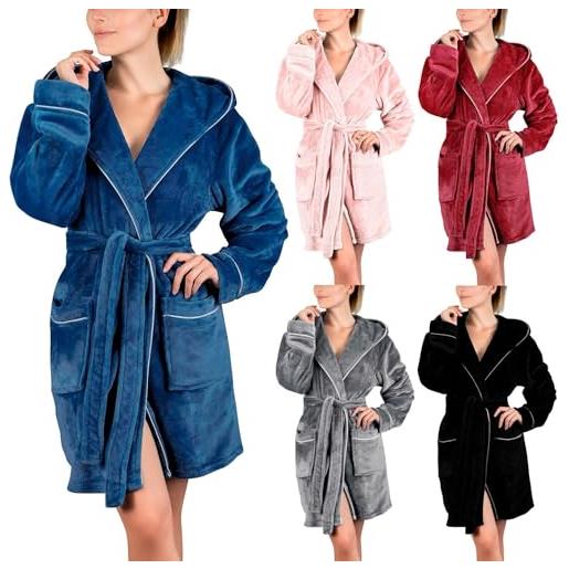 Generisch accappatoio da donna corto con cappuccio, morbido e leggero, in spugna, in flanella, morbido, in pile, nero, s