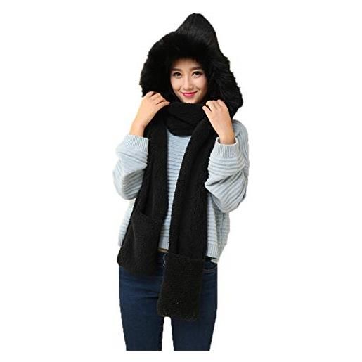Nwcl 3 in 1 sciarpe cappello guanti donna caldo sciarpa con cappuccio tasche earflap lunghi scialle cappelli guanto invernali berretti tinta unita regalo di compleanno natale (black)