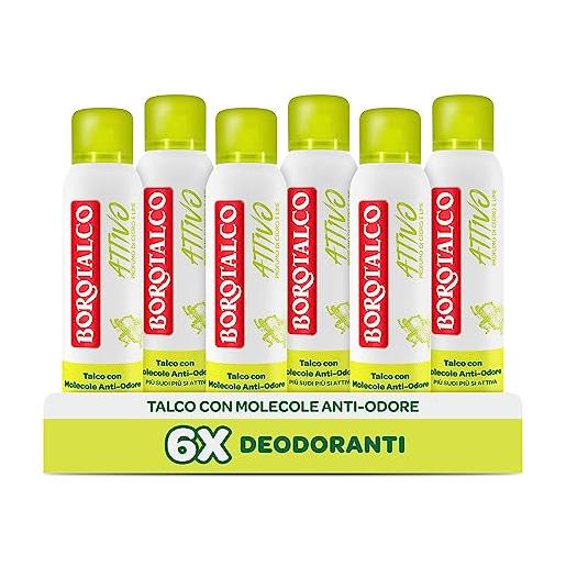 Borotalco, deodorante spray attivo giallo, senza alcool, con molecole anti odore per profumo a rilascio graduale, profumo di cedro e lime, deodorante uomo e donna - 6 flaconi da 150ml