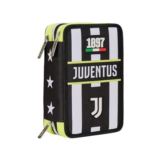 Seven astuccio scuola 3 scomparti, f. C. Juventus calcio - win is the rule, bianco nero - portapenne multi scomparto con matite, penne e colori, accessori zaino, zaino scuola - astuccio bambino