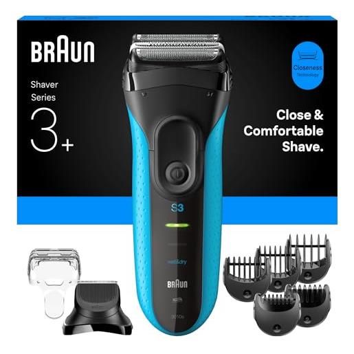 Braun rasoio elettrico serie 3+, 3 lame flessibili, micropettine efficiente, accessorio per regolabarba, +5 pettini, rasoio da uomo bagnato e asciutto, prodotto in germania, 3010bt, blu
